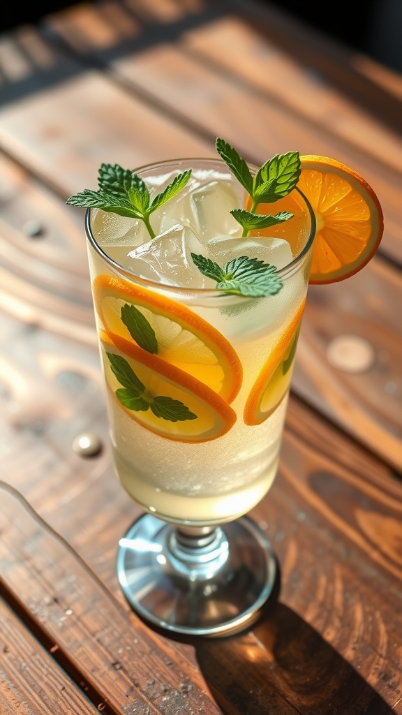 A refreshing Vanilla Citrus Gin and Tonic cocktail with lime, orange slices, and mint on a wooden table.